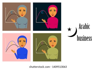 assembly of flat icons on theme Arabic business Muslim Businesswoman