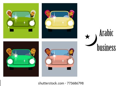 assembly of flat icons on theme Arabic business muslim in the car