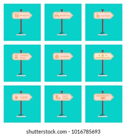 assembly flat icons University kindergarten school fast food stop pharmacy cafe hospital sign