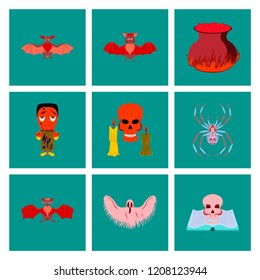 assembly flat illustration book skull ghost bat spider zombie men cauldron