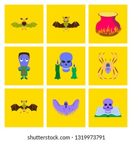 assembly flat illustration book, skull, ghost, bat, spider, zombie, cauldron