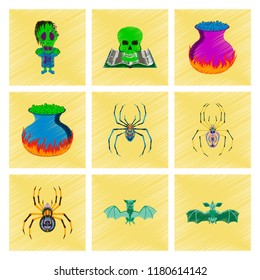assembly flat shading style icon halloween monster spider book skull cauldron bat