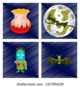 assembly flat shading style icon Full Moon witch cauldron bat zombie men