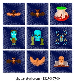 assembly flat shading style icon book skull ghost bat spider zombie men cauldron