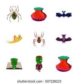assembly flat shading style icon halloween cute bat spider book skull ghost cauldron zombie men