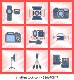 assembly flat shading style icon multimedia technology camcorder photo camera professional lighting tripod micro SD