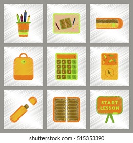 assembly flat shading style icons office pins notebook calculator board bag usb pencil table