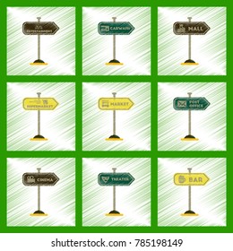 assembly flat shading style icons sign of bar post office mall car wash cinema supermarket