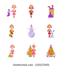 assembly flat shading style illustration Christmas girl snowman Tree gift box
