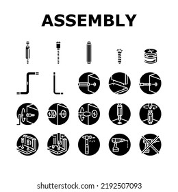 assembly furniture instruction icons set vector. manual diy, man home instructions, repair tools construction, house assemble screw assembly furniture instruction glyph pictogram Illustrations