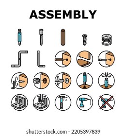 assembly furniture instruction icons set vector. manual diy, man home instructions, repair tools construction, house assemble screw assembly furniture instruction color line illustrations