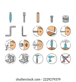 assembly furniture instruction icons set vector. manual diy, man home instructions, repair tools construction, house assemble screw assembly furniture instruction color line illustrations