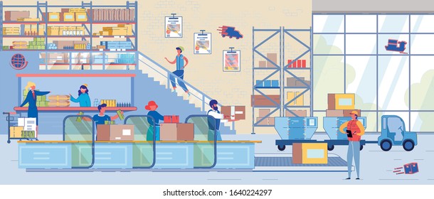 Assembly Goods in Packages to Sent to Customers. Employees Company Collecting Parcels in Warehouse. They Quickly Do Work in Conveyor Way. Male Courier Stands with List and Notes Finished Parcels.