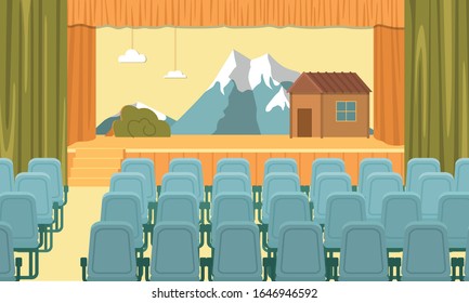 Assembly Hall Interior. Raised Stage Decorated for School Performance, Platform for Show. Little House on Mountain Foot. Seats for Spectators in Rows. Space Used by Pupils and Their Parents Regularly.