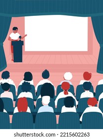 In the assembly hall there is a lecture for senior schoolchildren or students. An empty screen in the hall where you can place the necessary information. Flat vector illustration.