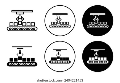Assembly Icon. automatic product cargo shipment delivery lifting through robotic arm to increase productivity by plant or factory machine automation assembly line symbol. industrial work conveyor belt