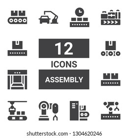 assembly icon set. Collection of 12 filled assembly icons included Robotic arm, Conveyor, Robot arm, Conveyor belt