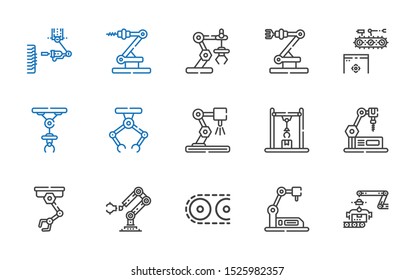 assembly icons set. Collection of assembly with industrial robot, conveyor. Editable and scalable assembly icons.