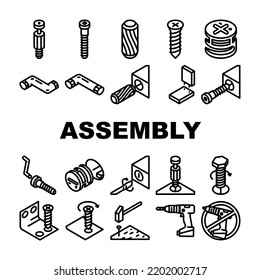 assembly instruction furniture icons set vector. manual diy, home repair tools construction, house assemble screw assembly instruction furniture black contour illustrations