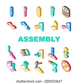 Assembly Instruction Furniture Icons Set Vector. Manual Diy, Home Repair Tools Construction, House Assemble Screw Assembly Instruction Furniture Isometric Sign Illustrations