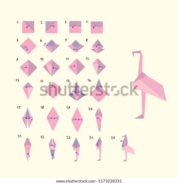 折り紙の組み立て指示 ピンクフラミンゴの作り方 色紙鳥 かわいいおもちゃ ベクターイラスト のベクター画像素材 ロイヤリティフリー