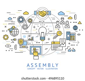 Assembly line art with isolated colored in linear style elements and lines vector illustration