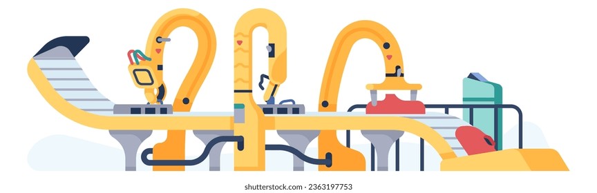 Línea de ensamblado. Producción industrial robótica automática. Transportador de fabricación. Manipuladores automáticos. Innovación de fábrica. Tecnología de construcción. Procesamiento de productos