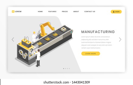 Assembly Line, Factory Landing Page Template. Production, Manufacturing Facility Engineers And Workers Vector Online Webpage Illustration. Conveyor Belt, Autonomous Manufacture Process  Website 