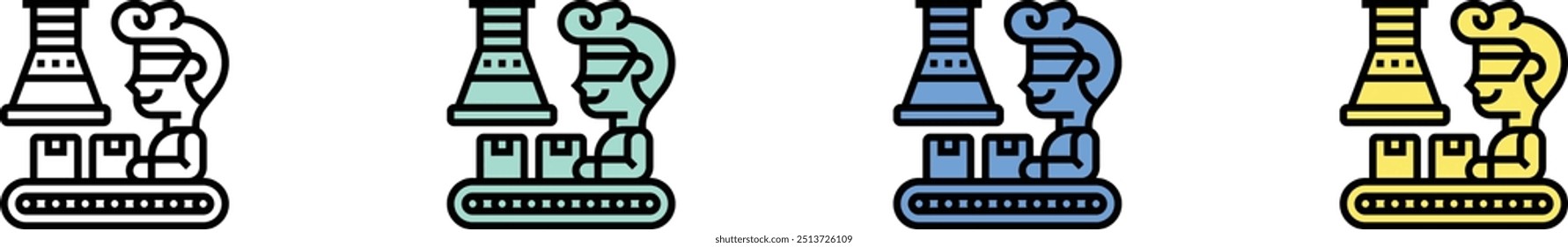 ícone linha de montagem. Contorno, Design de estilo verde, azul e amarelo isolado no plano de fundo branco