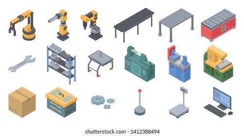 Assembly line icons set. Isometric set of assembly line vector icons for web design isolated on white background