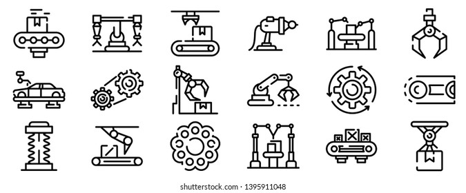 Assembly line icons set. Outline set of assembly line vector icons for web design isolated on white background