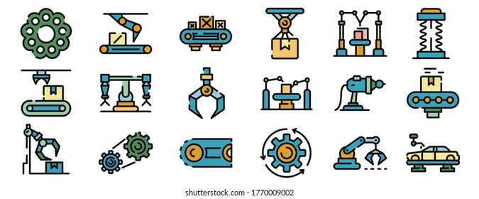 Assembly line icons set. Outline set of assembly line vector icons thin line color flat on white