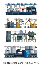 Assembly line. Industrial automated conveyor. Isolated factory electronic technical equipment. Robotic packaging or manufacturing system. Modern optimization technologies, vector automatic process set