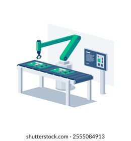 Assembly line industrial robot manipulating with chip on conveyor belt table. Robotic arm on workstation with product parts. Manufacturing process system. Isolated vector illustration icon on white.