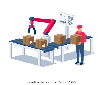 Assembly line industrial robot manipulating with parcel on conveyor belt table. Robotic arm on workstation with delivery man. Automated packaging distribution shipping system. Isolated vector on white