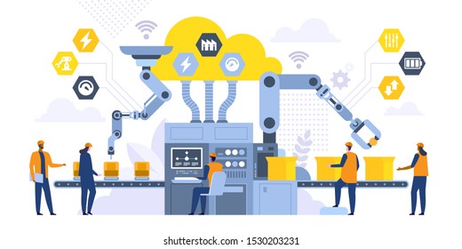 Montagelinie mit robotischen Armen flache Illustration. Männliche und weibliche Fabrikarbeiter, Ingenieure Zeichentrickfiguren. Automatisierter Produktionsprozess, High-Tech-Maschinen. Konzept der industriellen Revolution