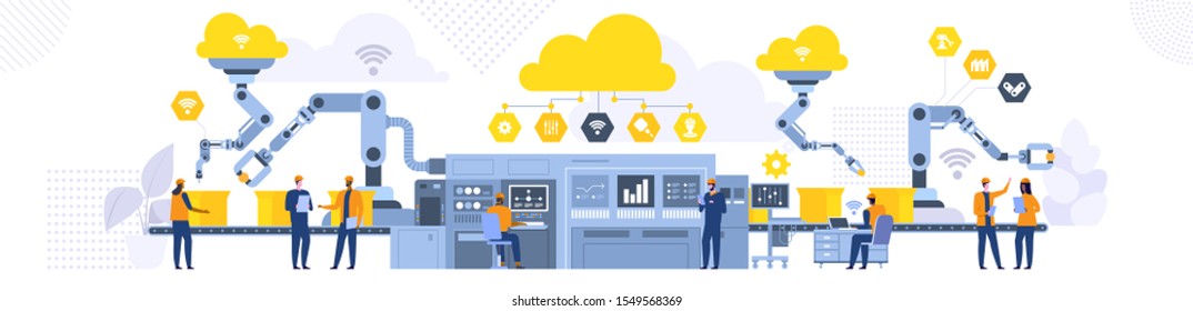 Assembly Line With Robotic Arms Flat Illustration. Male And Female Factory Workers, Engineers Cartoon Characters. Automated Production Process, High Tech Machinery. Industrial Revolution Concept