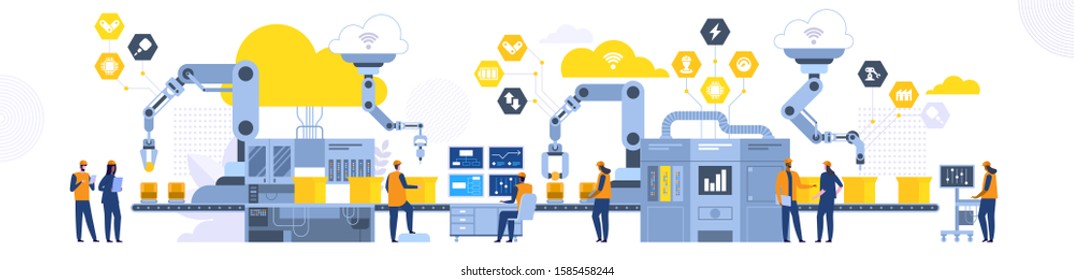 Assembly line with robotic arms flat illustration. Male and female factory workers, engineers cartoon characters. Automated production process, high tech machinery. Industrial revolution concept svg