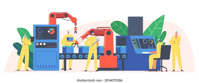 Assembly Line With Robotic Arms, Male Female Factory Worker Or Engineer Characters Automated Production Process, High Tech Machinery, Industrial Revolution Concept. Cartoon People Vector Illustration