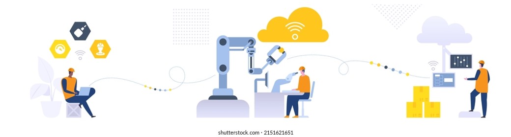 Assembly line with robotic arms and workers Male and female factory workers engineers Automated production process User connecting with a tablet and sharing data with a cyber-physical system Vector