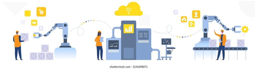 Assembly line with robotic arms and workers Male and female factory workers engineers Automated production process User connecting with a tablet and sharing data with a cyber-physical system Vector