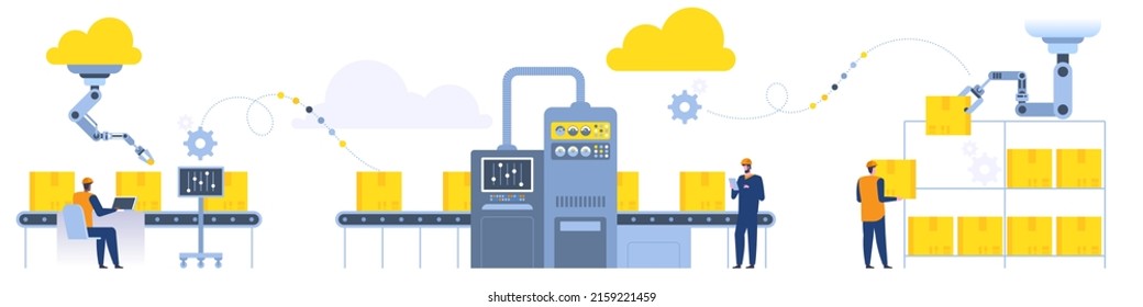 Assembly line with robotic arms and workers Male and female factory workers engineers Automated production process User connecting with a tablet and sharing data with a cyber-physical system Vector
