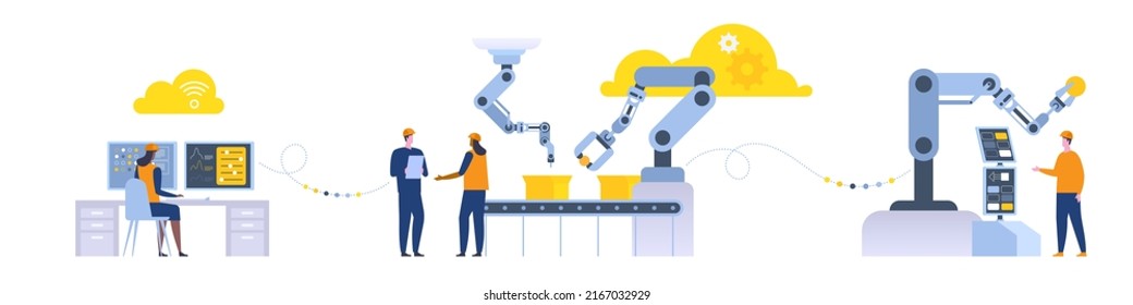 Assembly line with robotic arms and workers Male and female factory workers engineers Automated production process User connecting with a tablet and sharing data with a cyber-physical system Vector