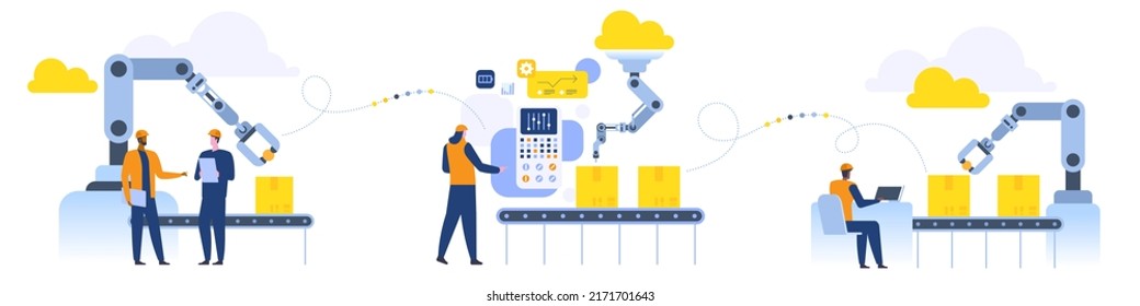 Assembly line with robotic arms and workers Male and female factory workers engineers Automated production process User connecting with a tablet and sharing data with a cyber-physical system Vector