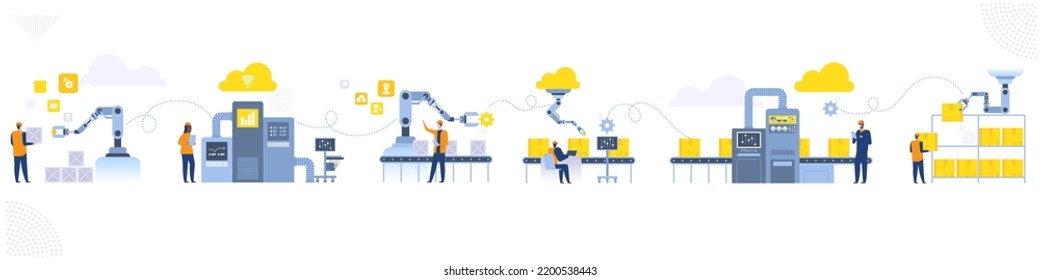 Assembly line with robotic arms and workers Male and female factory workers engineers Automated production process User connecting with a tablet and sharing data with a cyber-physical system Vector