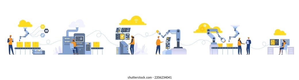 Assembly line with robotic arms and workers Male and female factory workers engineers Automated production process User connecting with a tablet and sharing data with a cyber-physical system Vector svg