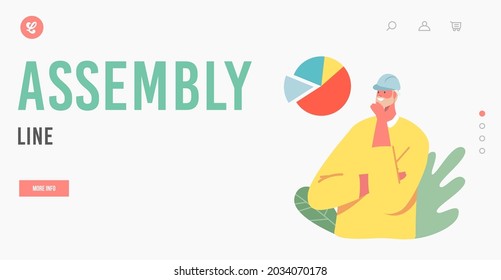 Plantilla de la página de inicio del trabajador de la línea de ensamblado. Generador, Ingeniero o Carácter Foreman con Gráfico de Pie, Arquitecto, Constructor Profesional de Producción de Transmisor en Casco. Ilustración del vector de dibujos animados