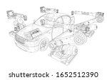 Assembly of motor vehicle. Robotic equipment makes Assembly of car. Blueprint style. Vector rendering from 3D model
