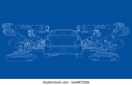 Assembly of motor vehicle. Robotic equipment makes Assembly of car. Blueprint style. Vector rendering from 3D model
