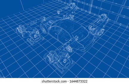 Assembly of motor vehicle. Robotic equipment makes Assembly of car. Blueprint style. Vector rendering from 3D model